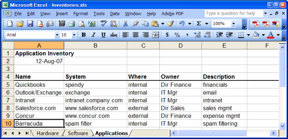 Figure 4-3: Sample application inventory.